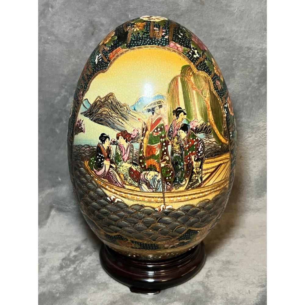 Satsuma Style Geisha Boat Ceramic Egg Vase Moriage Chinoiserie Decor